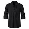 Men's Plus Size Cotton Henry Shirt Hippie Casual Long Sleeve Beach Stand Collar Shirt Man White Black Oversized Tops