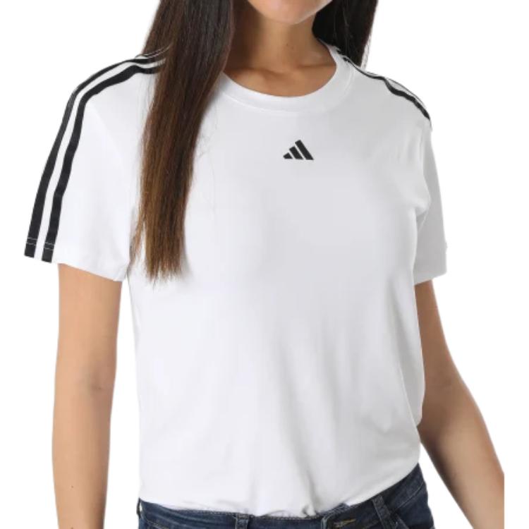 Adidas Contrast Logo Print Stripe Shoulder Crew Neck T-Shirt Women Tops White IC5040