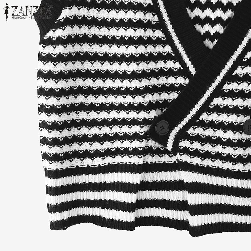 ZANZEA Women V Neck Sleeveless Stitching Striped Cropped Knitted Sweater Vest Waistcoat