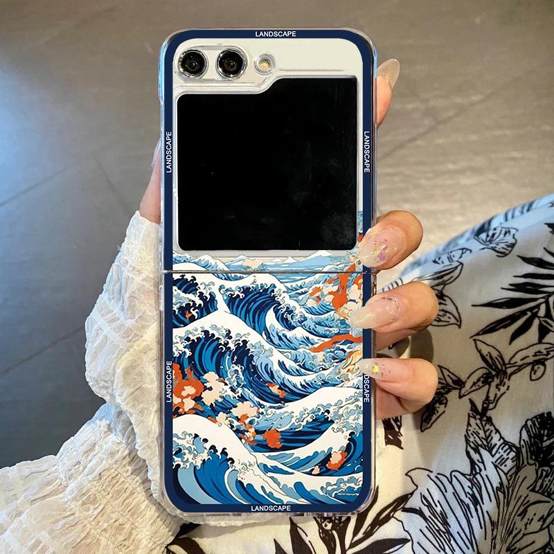 

Japanese Mount Fuji Landscape Ocean Wave Phone Case for Samsung Galaxy Z Flip 7 6 5 4 3 Hard PC Clear Folding Cover for Z Flip6 For Samsung ZFlip 7