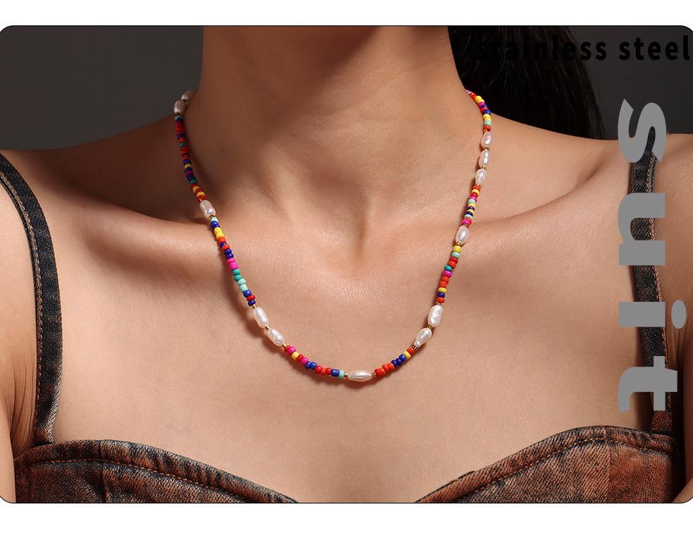 Bohemian Multi-Color Beaded Necklace with Glass Stones and Freshwater Pearls for Women