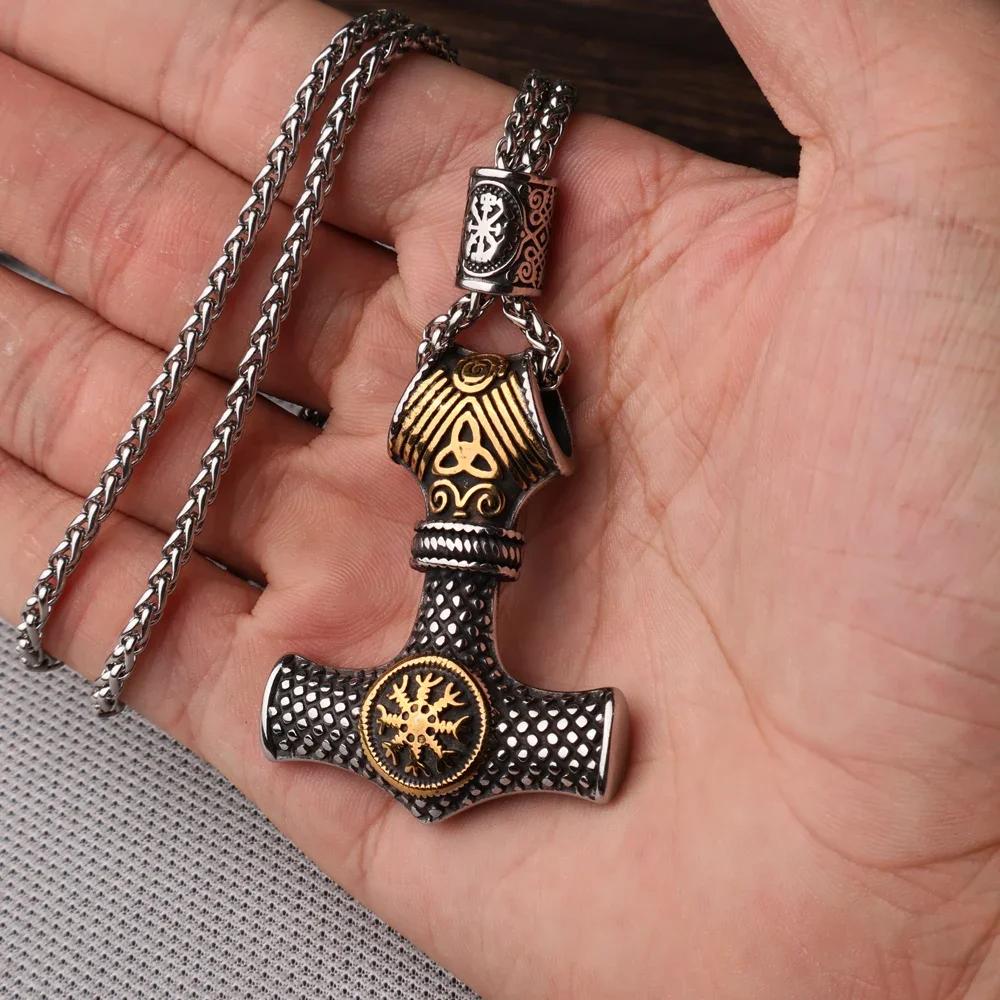 Flerfärgad pärlhalsband med vikingahammare och Thors hammare, rostfritt stål, herrhalsband, Mjolner amulett, smycken