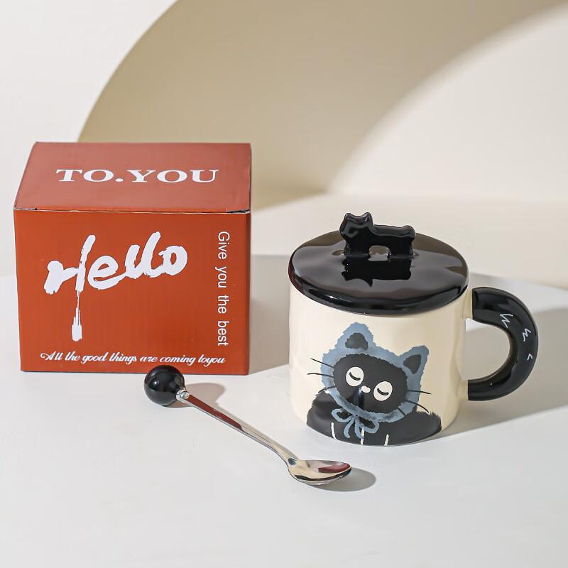 

Cute Cat Ceramic Mug with Lid and Spoon