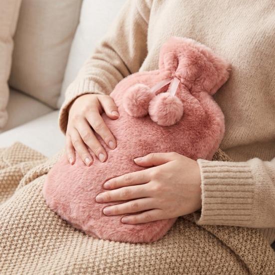 Pompom Drawstring Hot Water Bag 2L Bottle with Plush Cover, Lightweight Bag, Winter Warm for Hands, Feet, Stomach Cold Compress Pouch