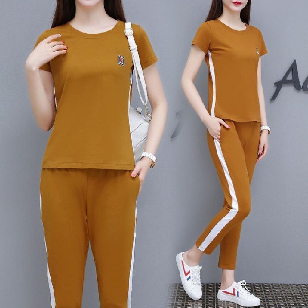 Women's Loose Fit Two-Piece Tracksuit Short Sleeve T-Shirt Elastic Waist Ankle Pants Casual Matching Outfit Set
