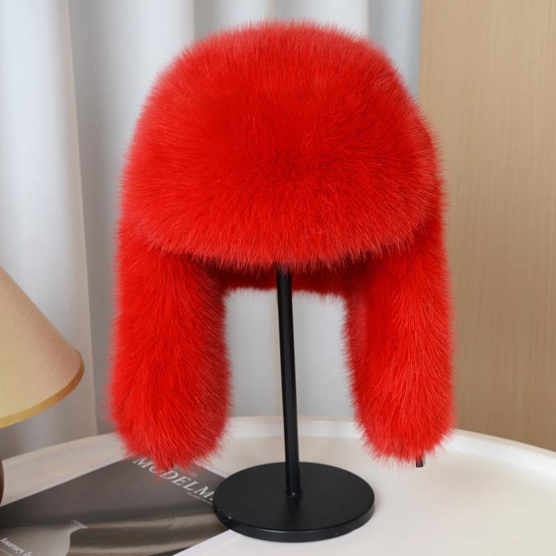 

Northeast Style Lei Feng Hat With Extended Brim Faux Fox Fur Thick Winter Cap For Men Women червоний