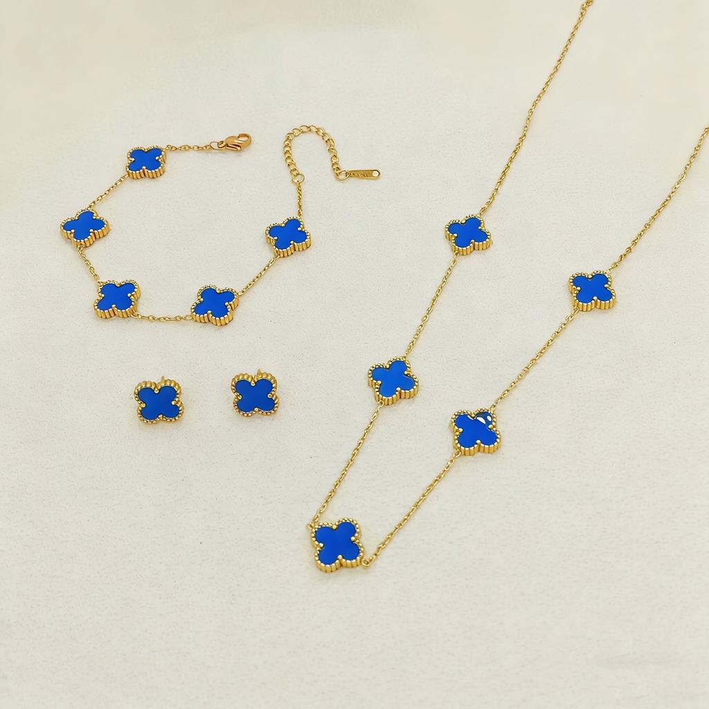 3PCS Double-sided Fritillary Titanium Steel Four-leaf Clover Five-flower Bracelet, Five-flower Necklace & Earring Set Gift