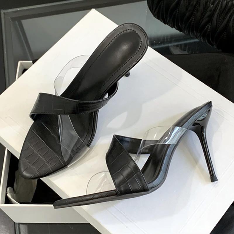Fashion Novelty Transparent PVC Leather Corss Band Slippers Woman Summer Peep Toe Thin High Heel Sandals Elegant Ladies Party Dress Shoe