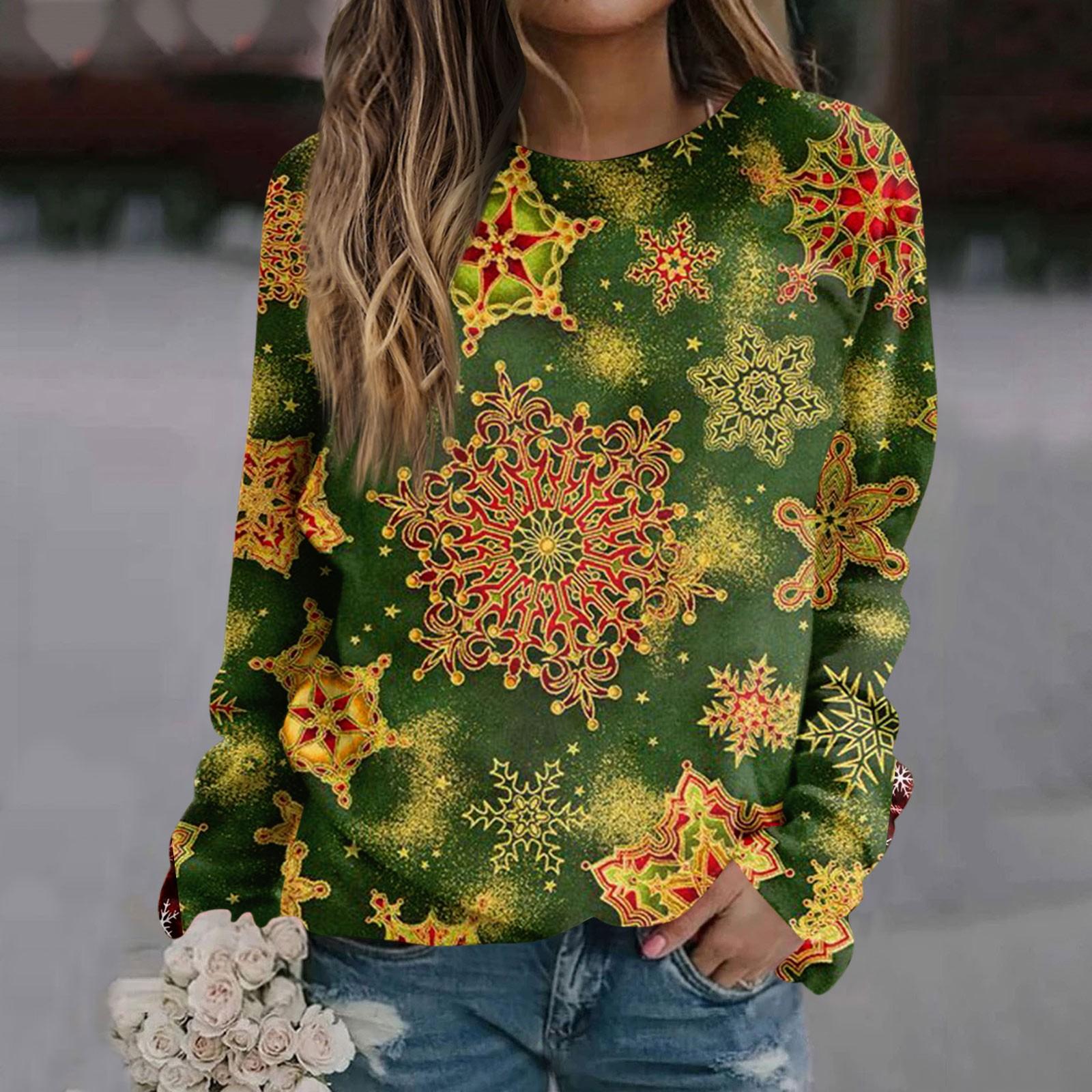 

Женская мода повседневный рождественский принт круглый вырез длинный рукав свитер топ L имбирный