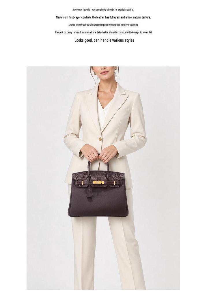 Sac à Bandoulière en Cuir de Vachette Motif Crocodile, Grand Sac à Main Rétro Style Kelly pour Femmes