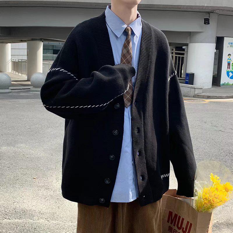 Cardigan Tricotat Retro Stil Japonez Trendy pentru Bărbați - Pulover Larg la Modă pentru Toamnă/Iarnă