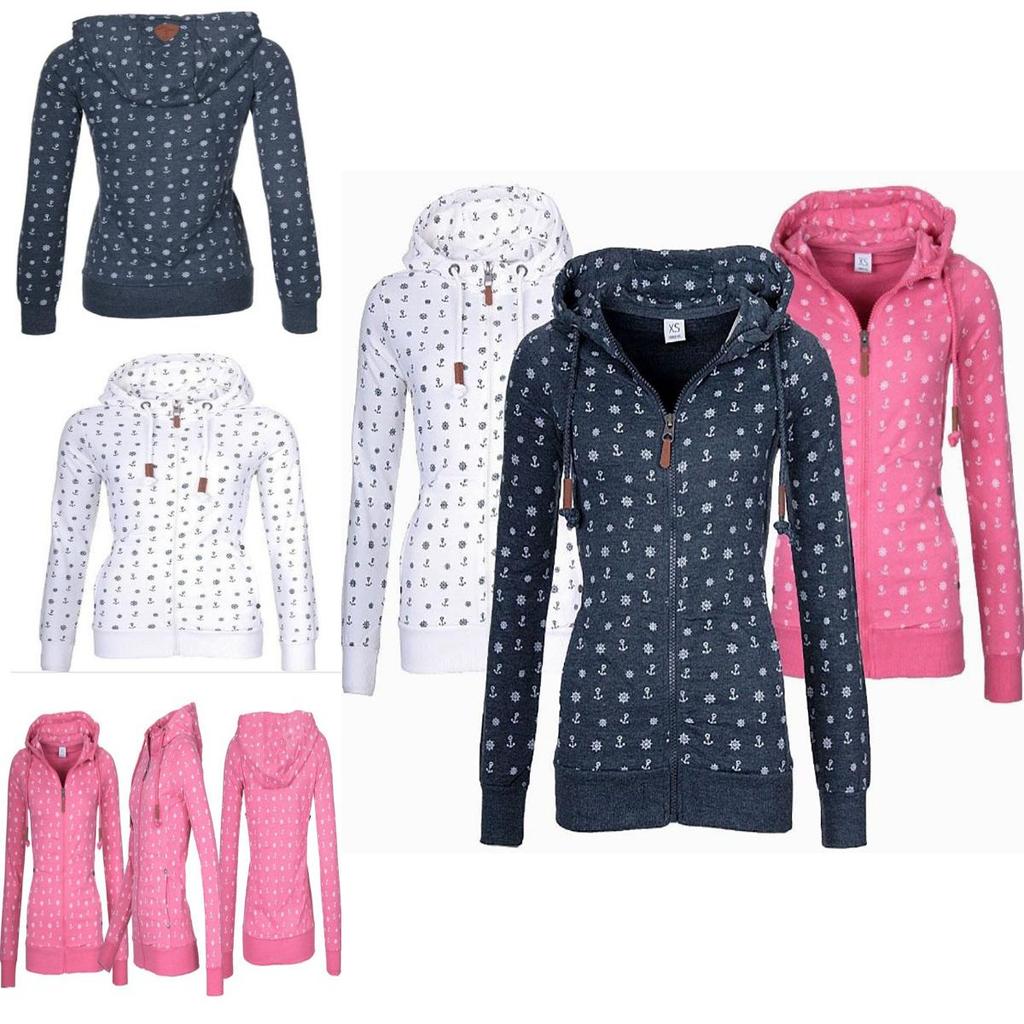 Luxuriöser und weicher Damen-Kapuzenpullover aus Fleece mit Seeanker-Print und Reißverschluss