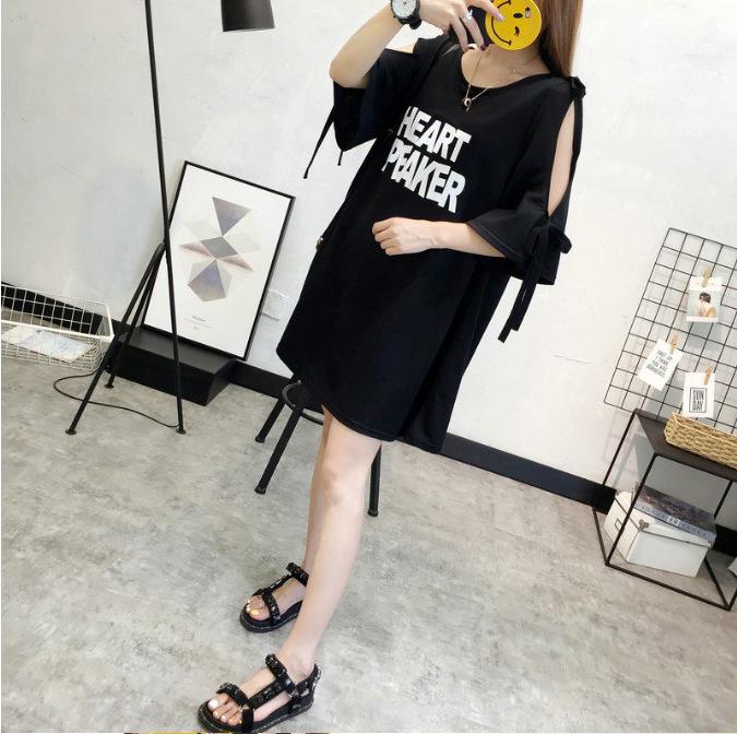 2024 Korean Style Off-Shoulder Bowknot Print Mid-Length T-shirt Dress with Five-Point Sleeves.