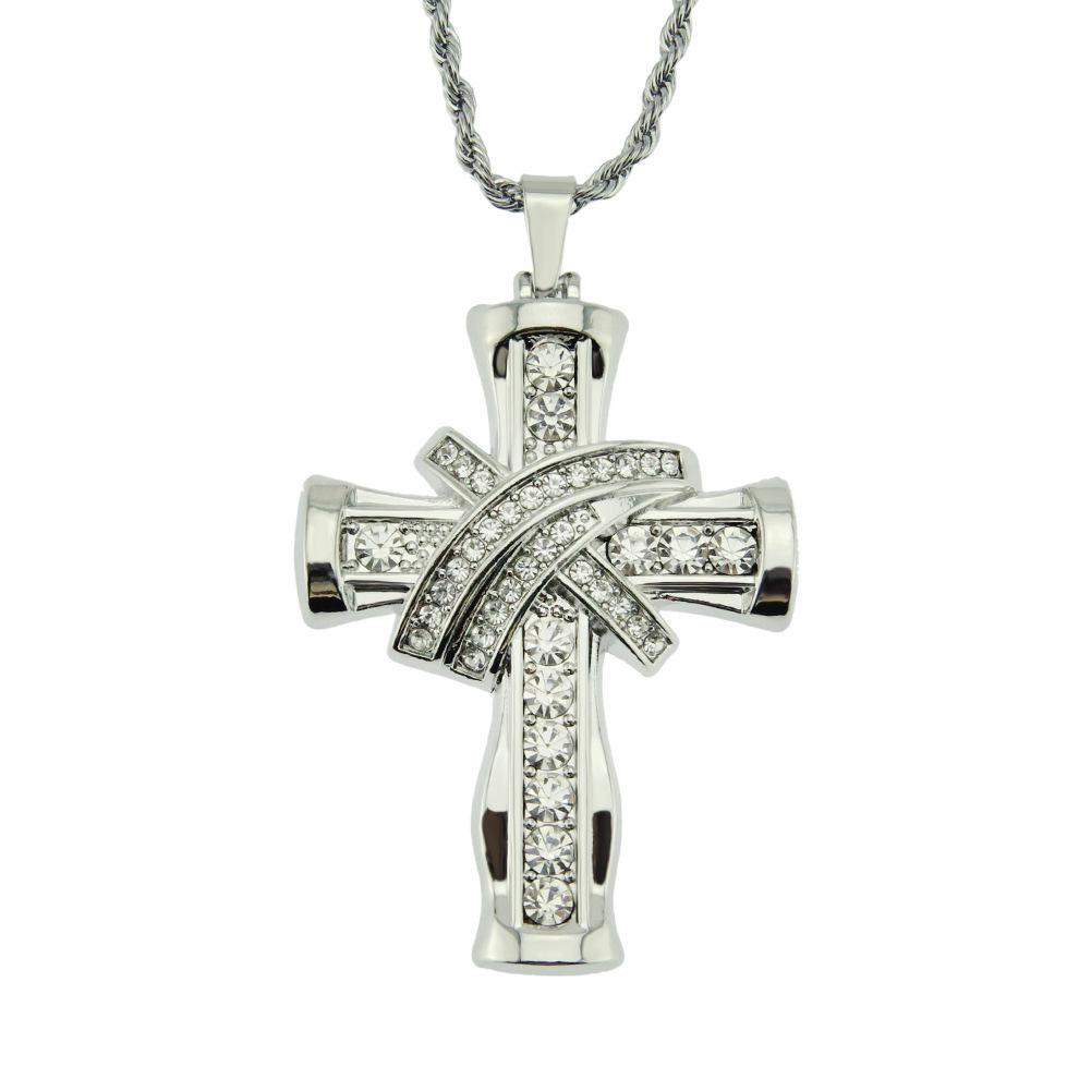Men's Diamond-Studded 3D Cross Pendant Necklace - European & American Hip-Hop Style