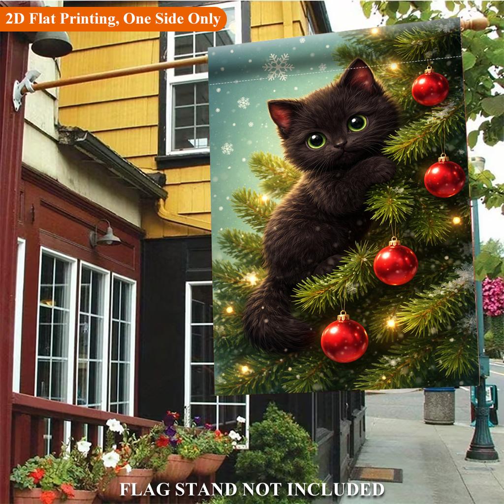 Cute Kitten on Tree Single Sided Polyester , Holiday Garden Flag - Single-Sided, Polyester, Outdoor Yard Decor
