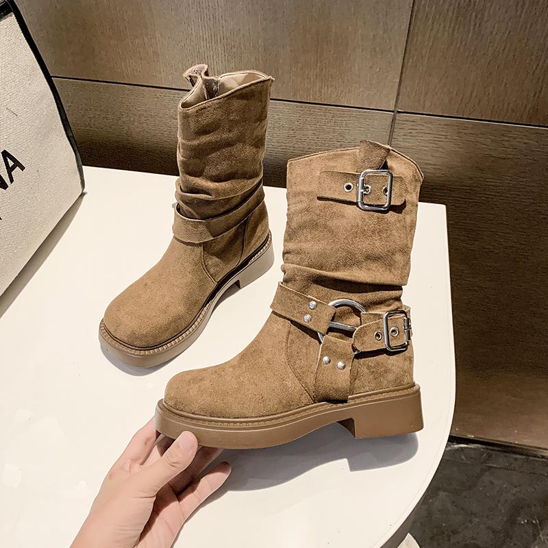 Fashion Vintage Thick Heel Women Western Cowboy Boots Autumn Winter Ladies Shoes Belt Buckle Elegant Mid Calf Booties