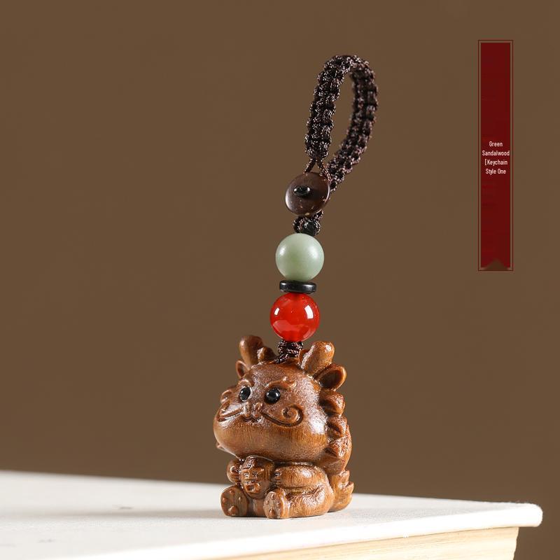 Exquisite Dragon Year Green Sandalwood Keyring & Phone Chain Pendant