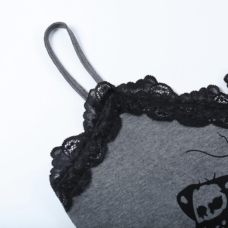 GMXIA Spice Lace Patchwork Halfter Dark Wind Persönlichkeit Moth Print Abnehmen Temperament Top Lady