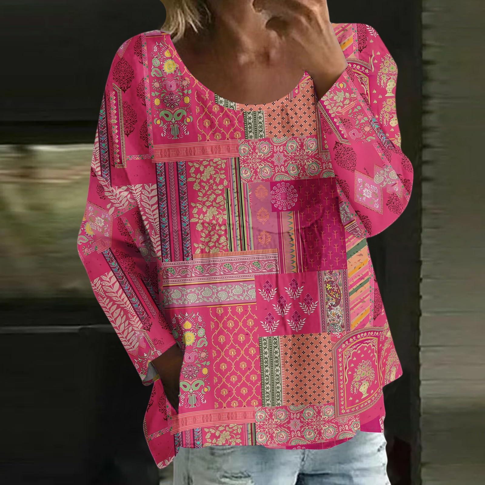 

Женский повседневный модный свободный топ с круглым вырезом и цветочным принтом, с длинным рукавом M розовый