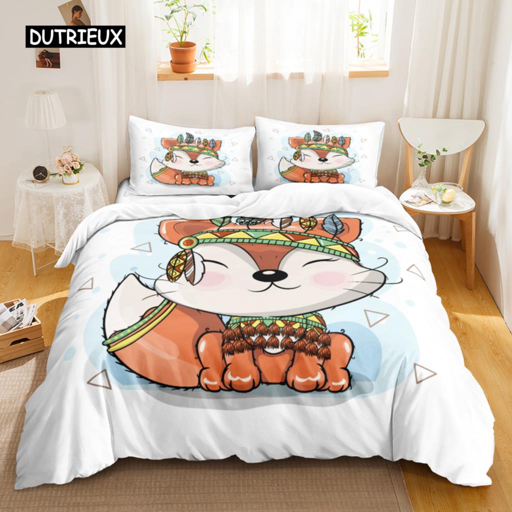 Fox Duvet Cover Set Kids Cartoon Fox Comforter Cover Cute Orange Wildlife Duvet Cover for Boys Animal Twin Polyester Bedding Set