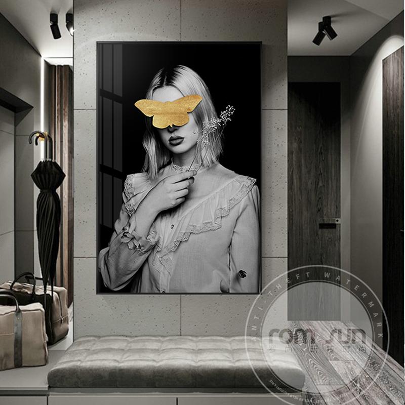 Moderní krása se zlatým motýlem nástěnné obrazy do obývacího pokoje Nástěnná dáma s oranžovou čepicí Plakát Obraz na plátně