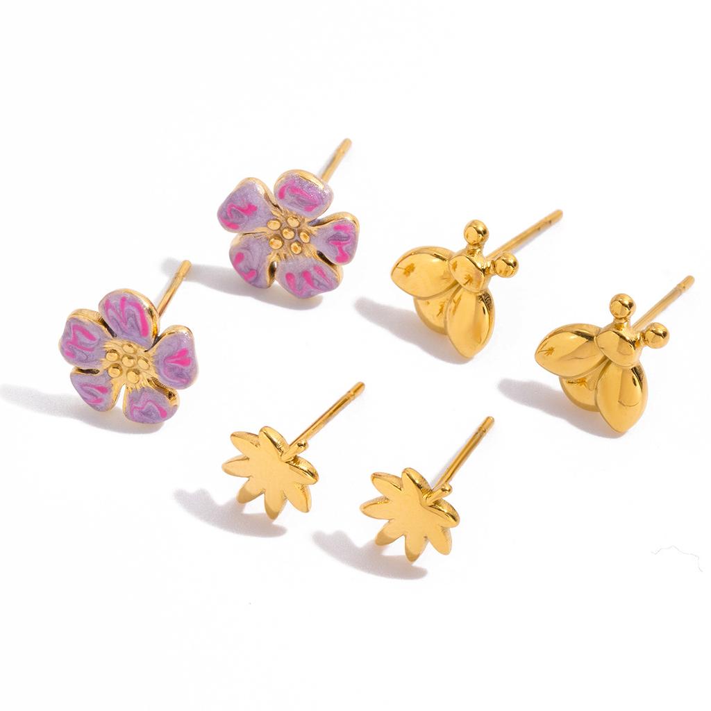 Sweet wind three-to-one card flower earrings, light luxury high-end insect 18K gold jewelry