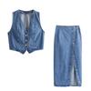 Women's European & American Short Denim Vest + Double Lapel Midi Skirt Set