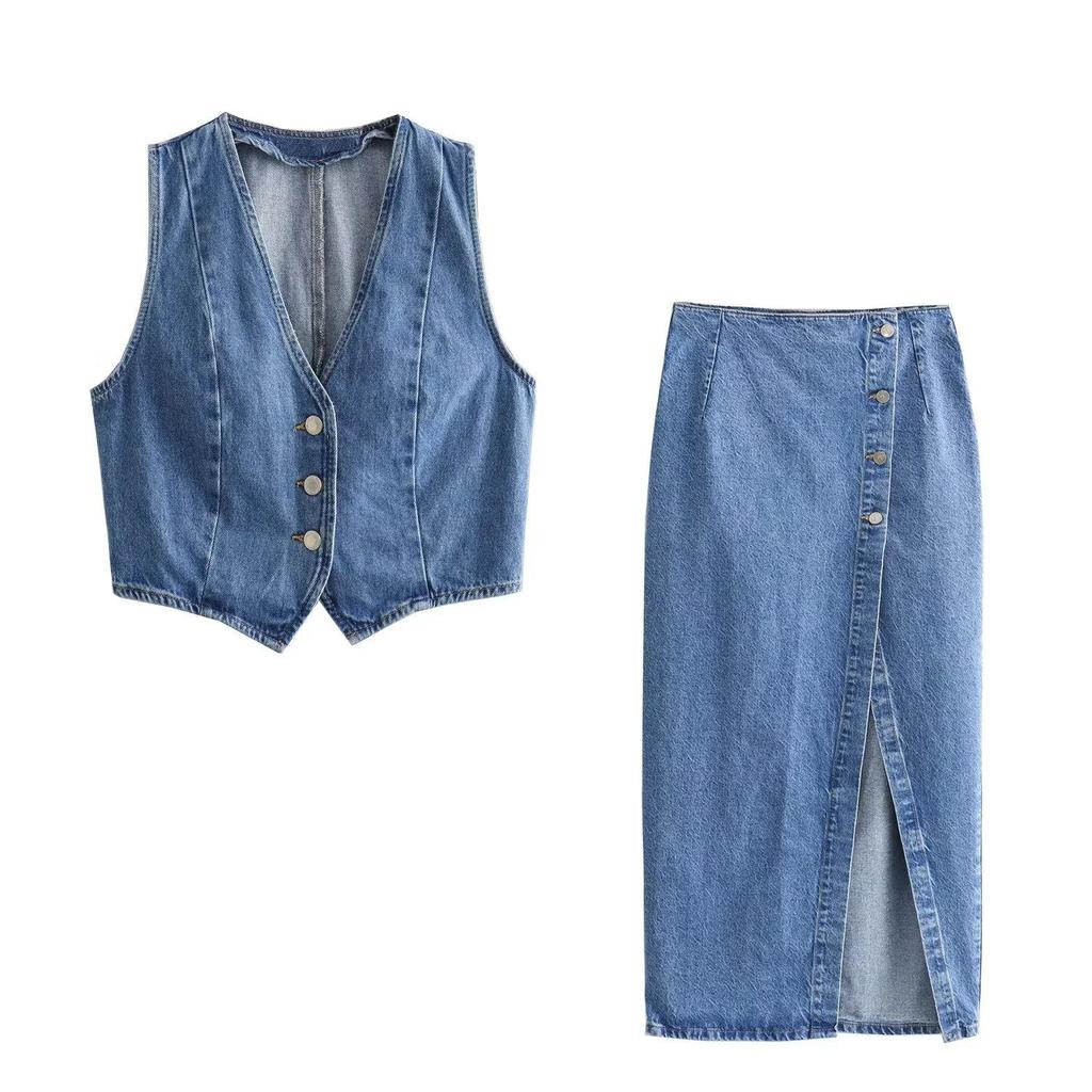 Women's European & American Short Denim Vest + Double Lapel Midi Skirt Set