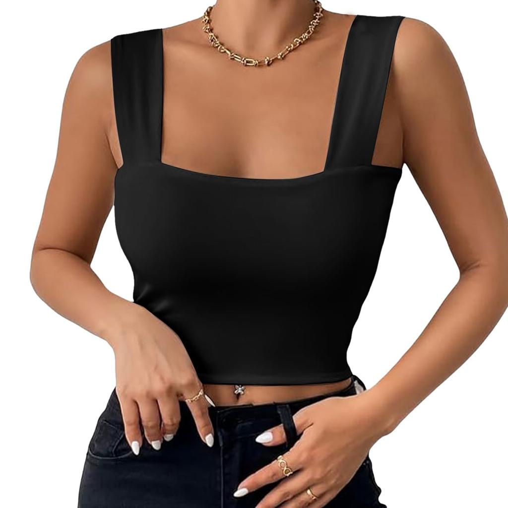 Basic Crop Tops for Women Square Collar Low Back Sleeveless Short Tank Top Solid Color Stretchy Bodycon Sexy Backless T Shirt