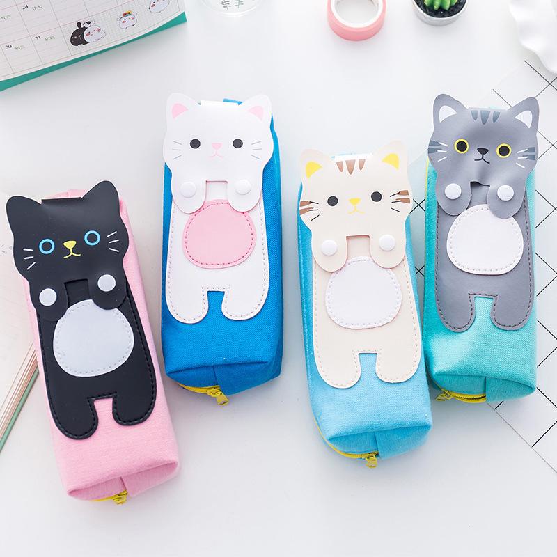 Cartoon Cat Canvas Pencil Case for Students Triangular Black Cat