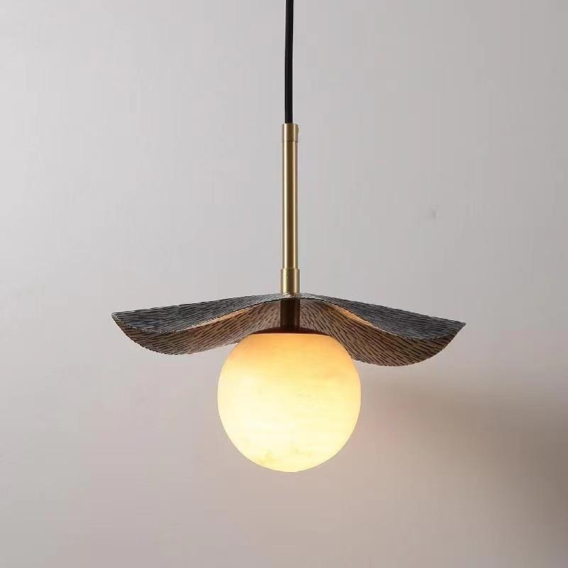 Simple and modern light luxury brass marble ball pendant light, Chinese creative copper art lotus leaf pendant light