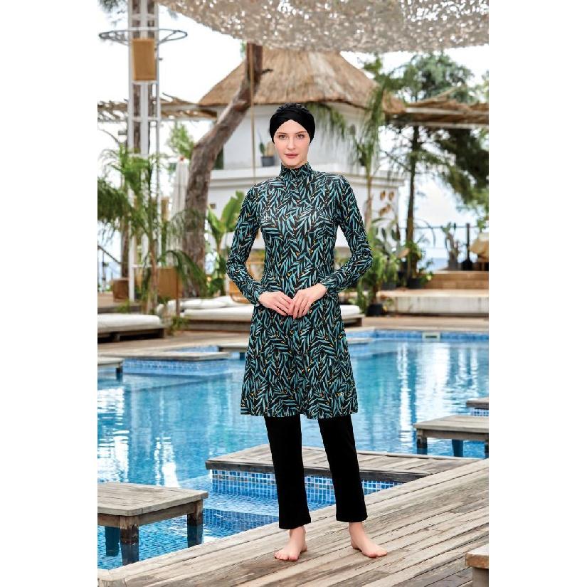 Summer modest swimwear set floral print - long sleeve tunic and full length leggings set - muslin swimwear - UV protection beachwear - summer burkini