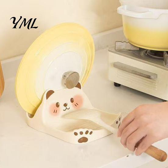 Kitchen Countertop Storage Cute Bear Pot Lid Holder for Countertop, Multipurpose ABS Practical Cooking Helper Plastic Spatula Spoon Rest, Easy