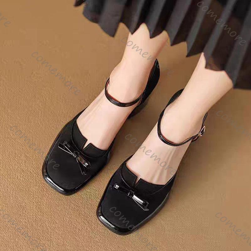 Fashion Comemore Women Shoes Square Toe Shallow Mouth Pumps for Women Retro Style High Heel Ladies Dress Fashion Suede Mary Jane Shoes