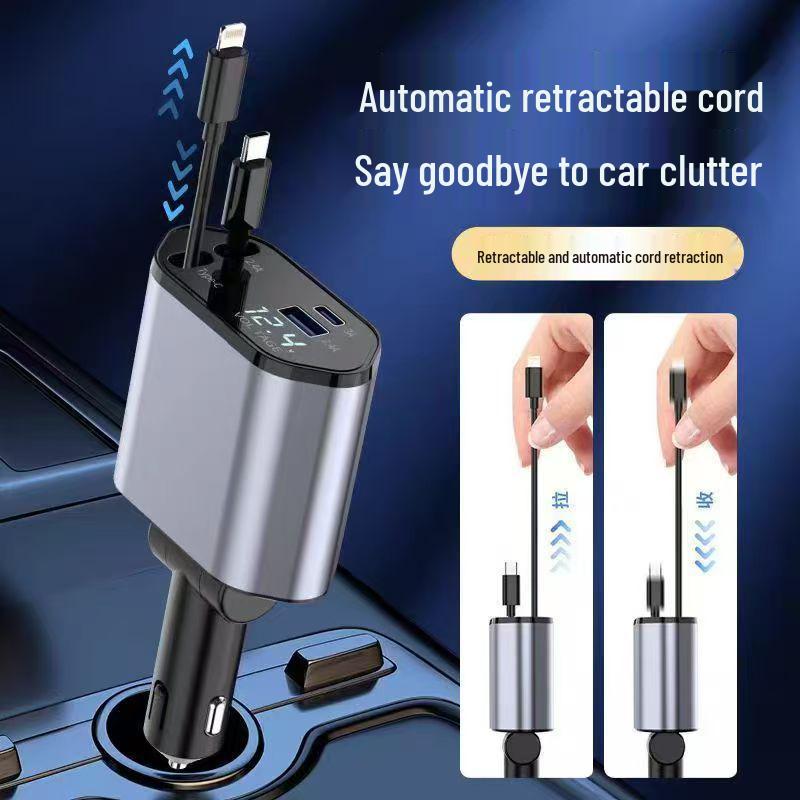 Super Fast Car Phone Charger with Retractable 4-in-1 Cable and Cigarette Lighter Socket for Apple Devices