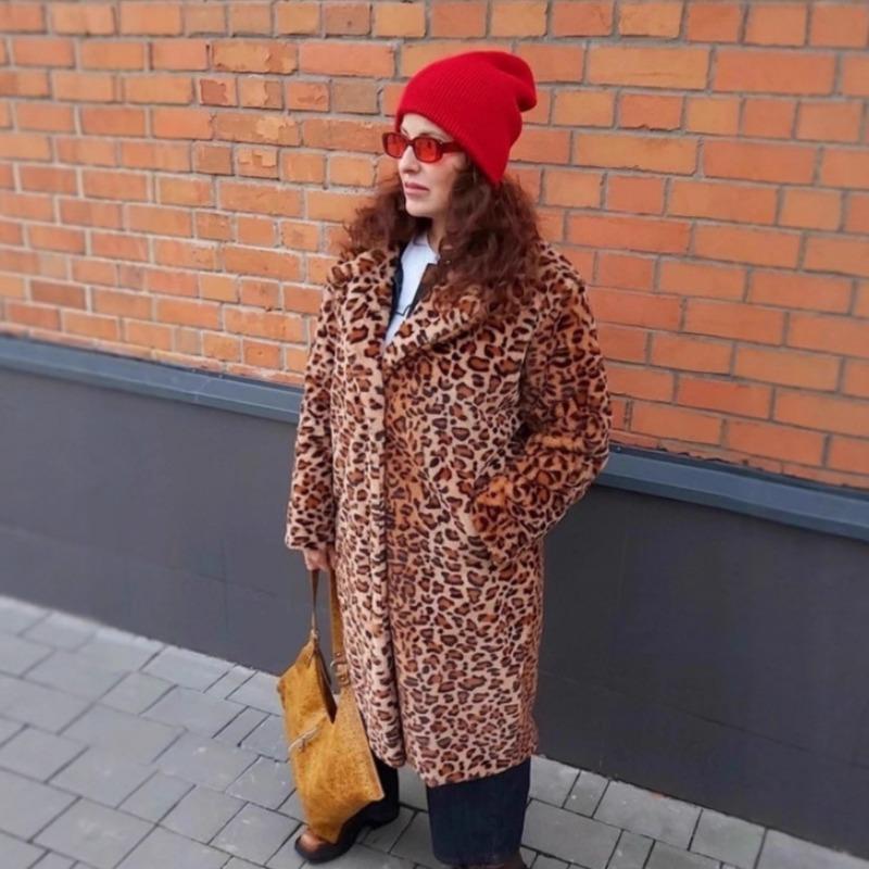 Long leopard print imitation fur jacket, women's belt loose fur coat, large size environmentally friendly fur top