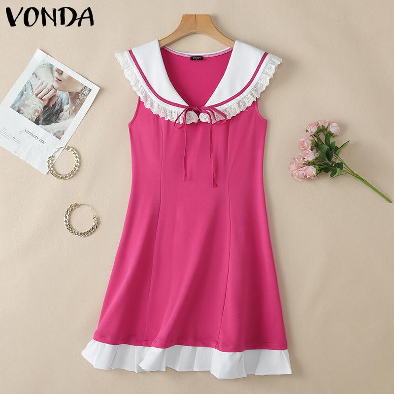 VONDA Summer Women Lace Hem Naval Collar Sleeveless Ruffled Casual Dress