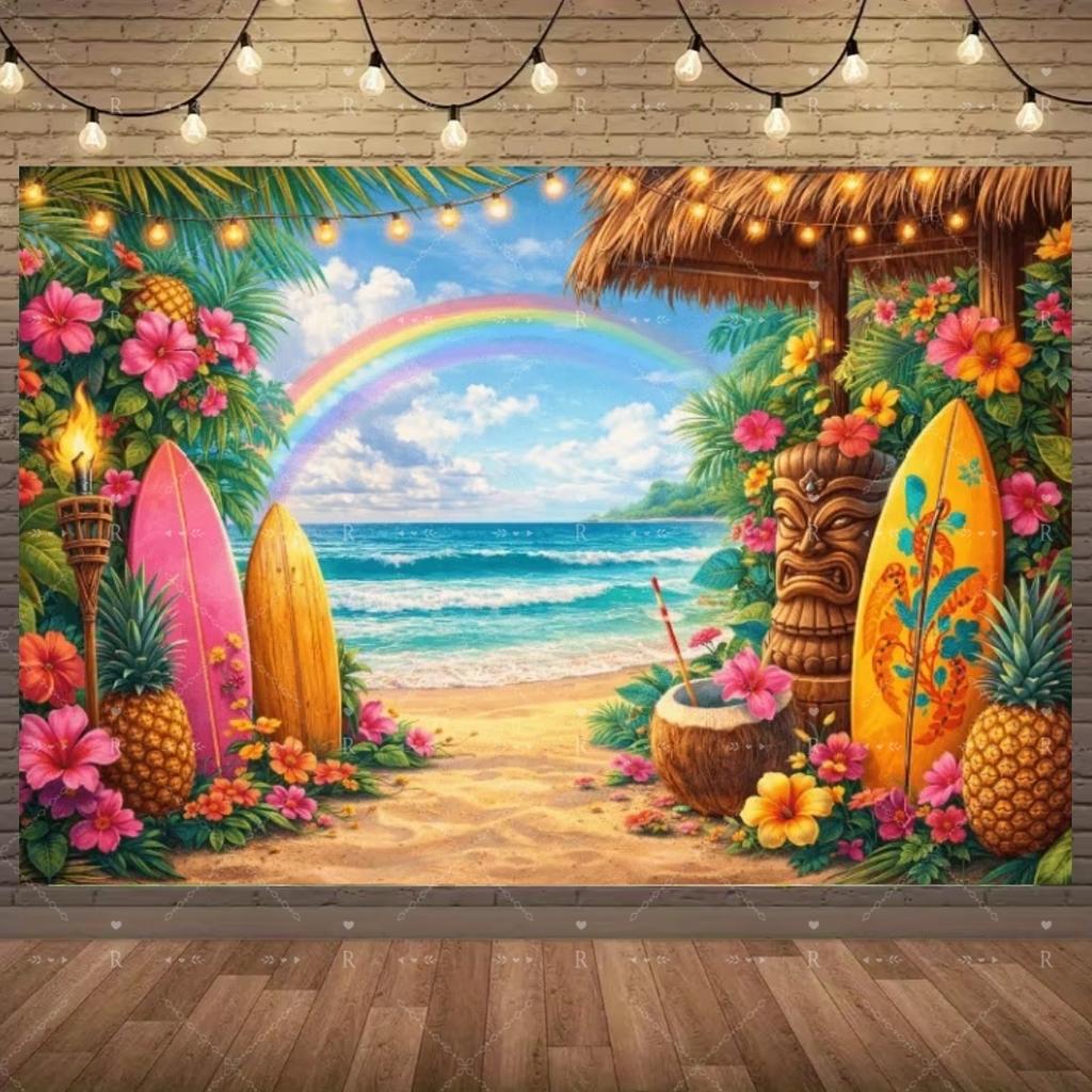 Summer Beach Holiday Party Decoration Backdrop Sunshine Flamingo Ocean Surfboard Portrait Photography Background Props Banner