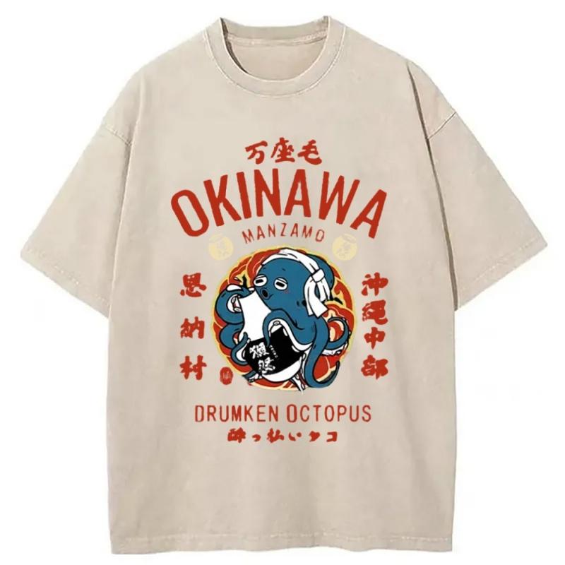 Unisex Fashion Short Sleeve Round Neck Harajuku Y2K Hip Hop Tee Okinawa Drunken Octopus Washed T-Shirt Summer Top