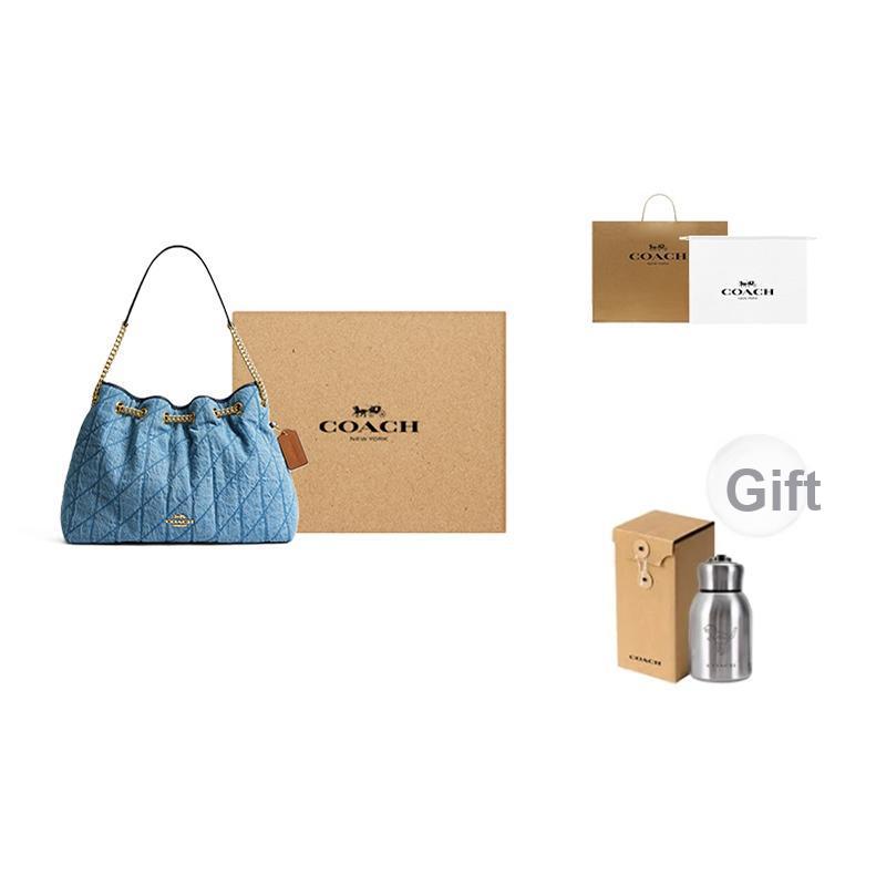 Coach Kette 35 Rautenmuster Kette Schultertasche Denim Groß Damen Schultertasche Blau CDC02-IMTYV