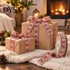 Christmas Gift Wrapping Ribbon Packaging Ribbon, Cotton And Faux Linen Decorative Fabric Roll for Holiday Red Beige Xmas Printed Wrapping, Floral