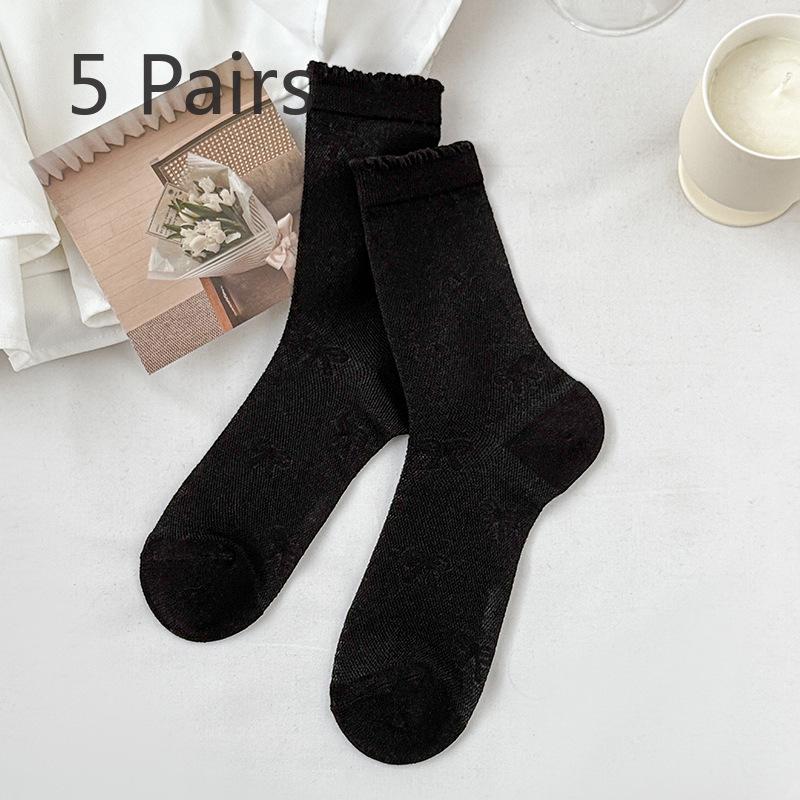 

5 пар женских тонких носков из сетчатой ткани с бантом на весну и лето, хлопковые носки в трубе 5 Pairs чёрный
