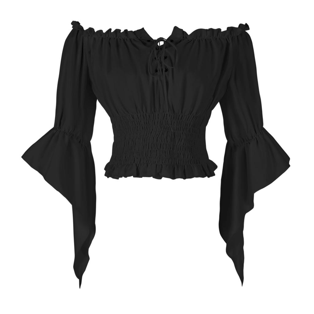 Women Vintage Off Shoulder Blouse Tie Front Mid Sleeve Casual Top Elastic Waist Ruffle Hem Shirt