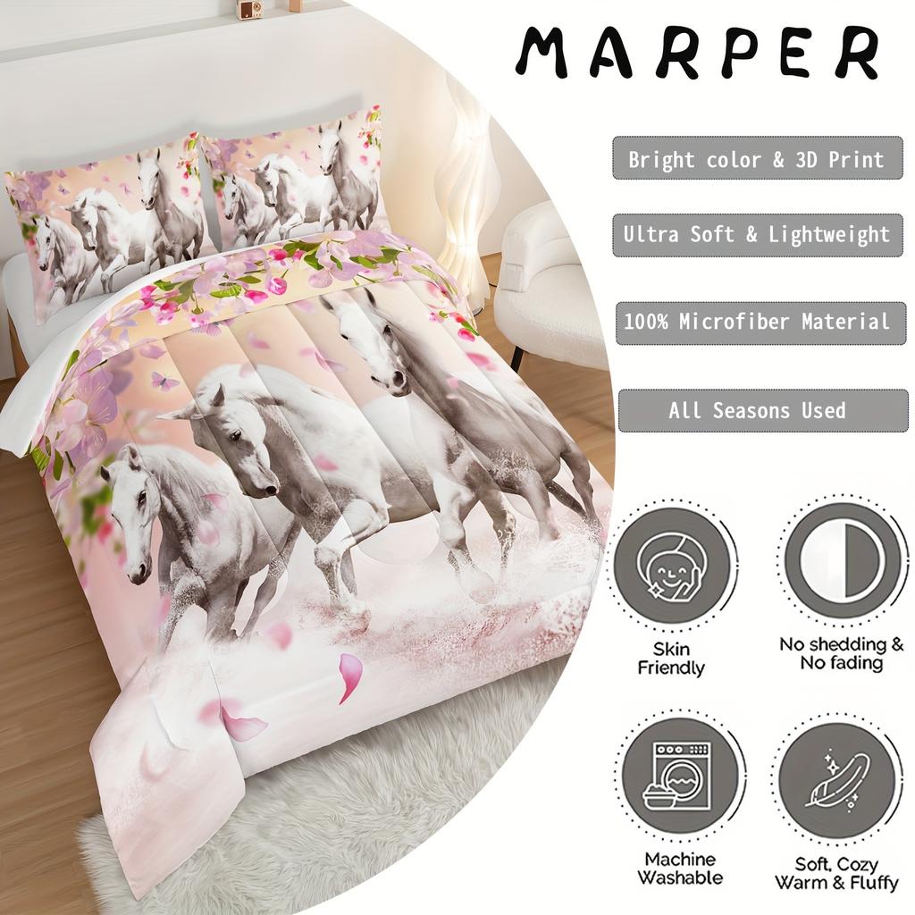 3Pcs Modern Fashion Bedding Set (1*Quilt Cover + 2*Pillowcase Without Core) Pink Floral Running Horse 3D Print Bedding Set