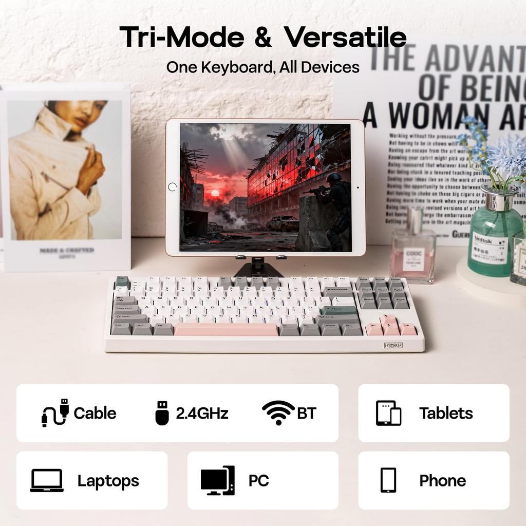 EPOMAKER TH87 Kabellose Mechanische Tastatur mit 10000mAh Benutzerdefinierter PBT RGB Gasket TKL Gaming Kompatibel Jade Akku, BT/2.4GHz/USB Kabelgebunden, Tenkeyless,