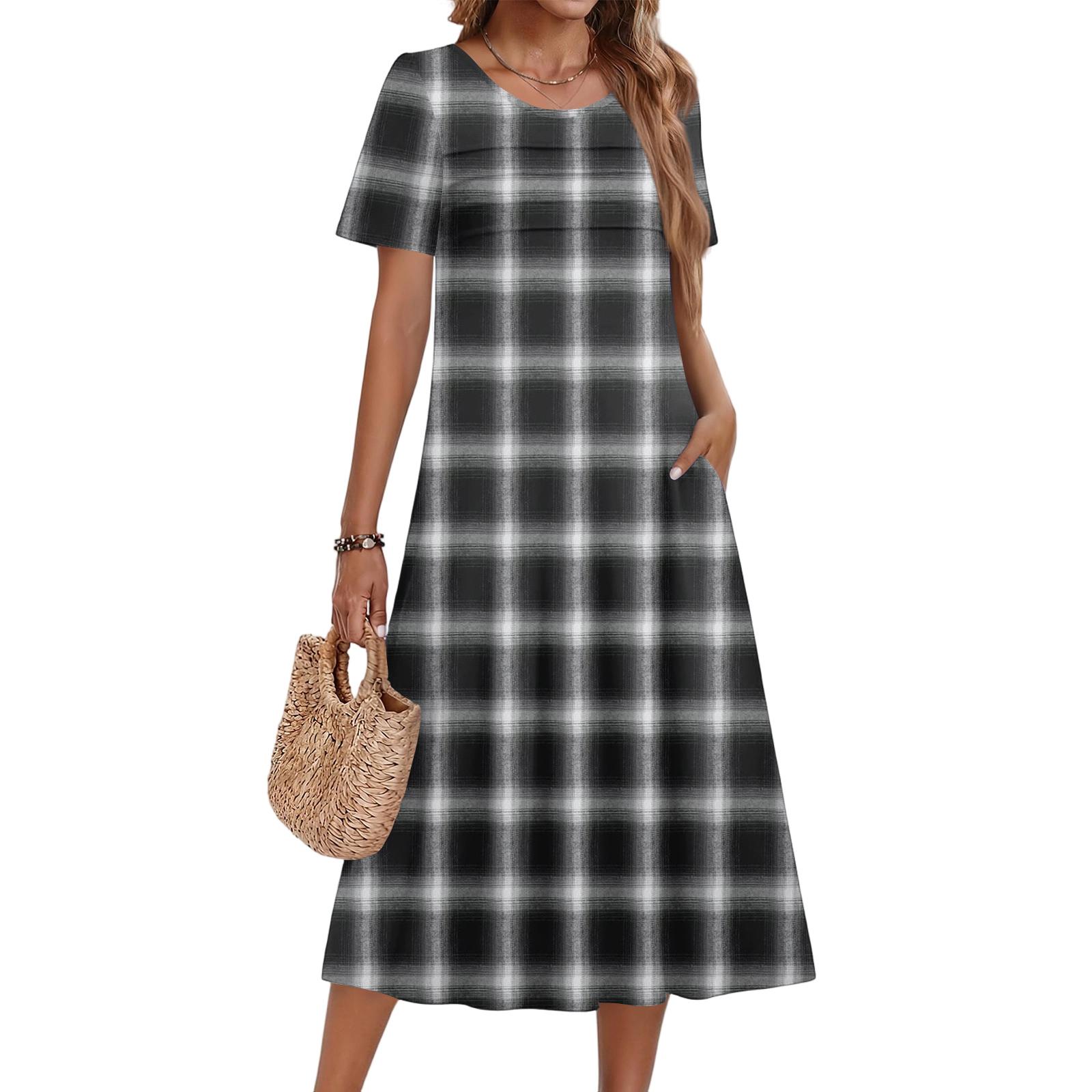 

Ladies Plaid Printed Casual And Fashionable Short Sleeved Round Neck Dress XL білий