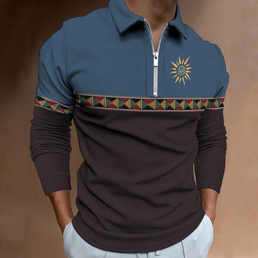 Geometrisches Muster Langarm Reißverschluss Poloshirt, Trendige Freizeitkleidung