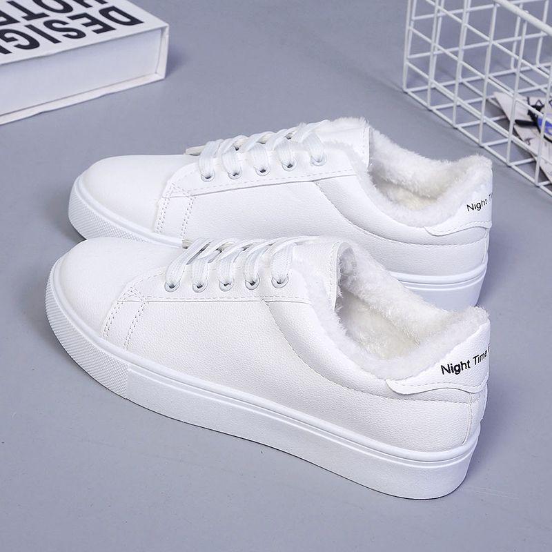 Women's Fleece-Lined White Winter Sneakers, 2025 Korean Style Casual Flats.