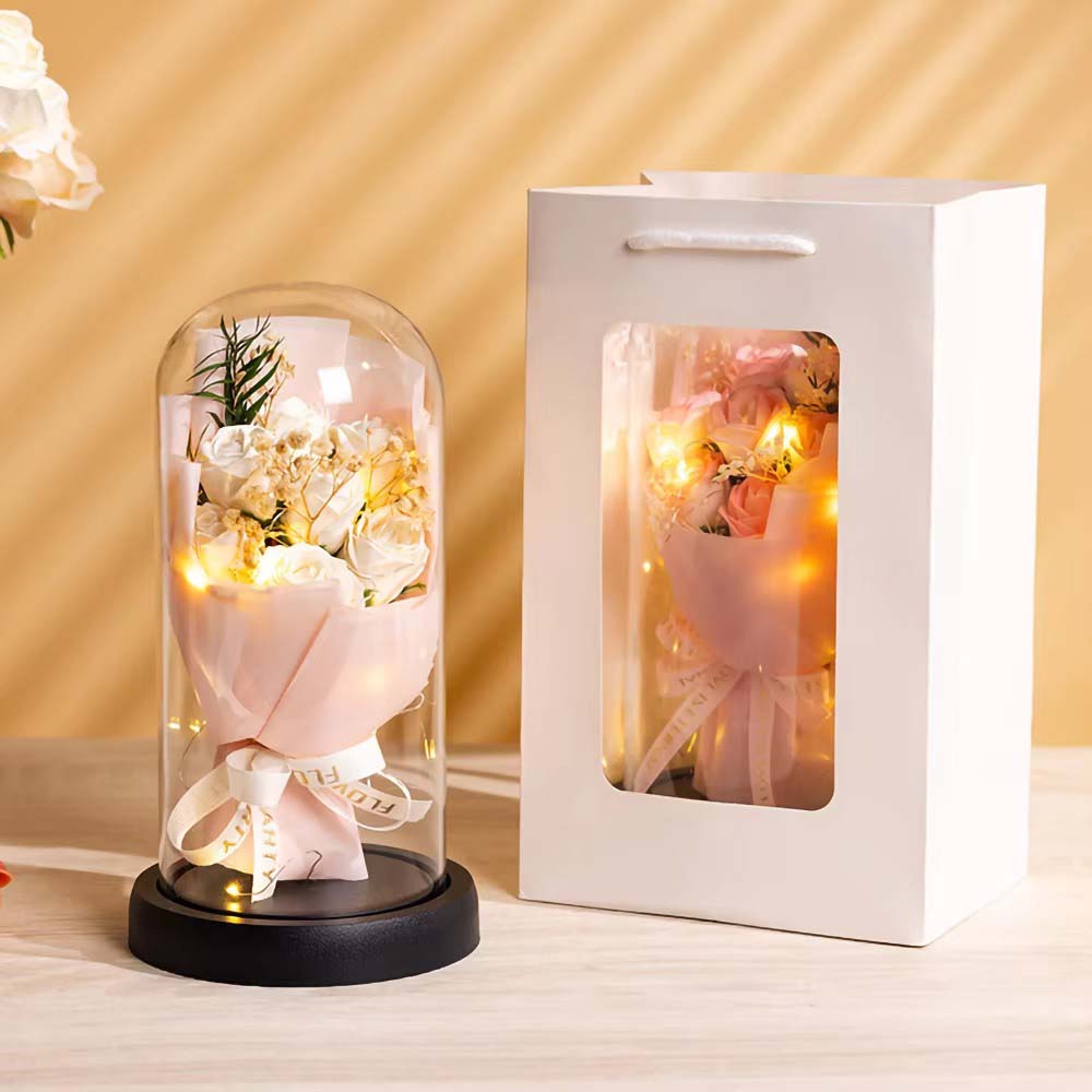 Real Touch Eternal Rose Dome with LED Lights Romantic Home Decor Preserved Flower Gift for Valentine Anniversary Wedding