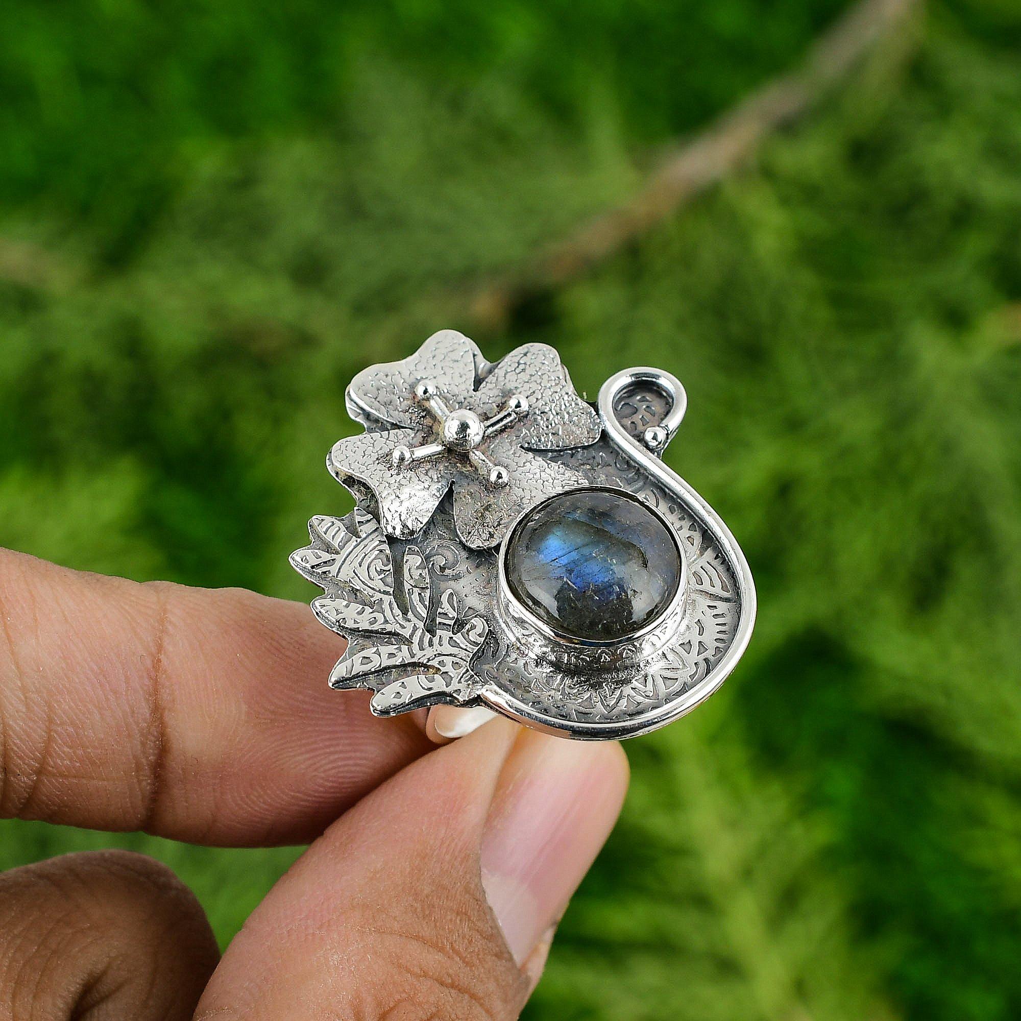 

Sterling Silver Labradorite Gemstone Wife Stackable Art Deco Flower Ring Jewelry Adjustable